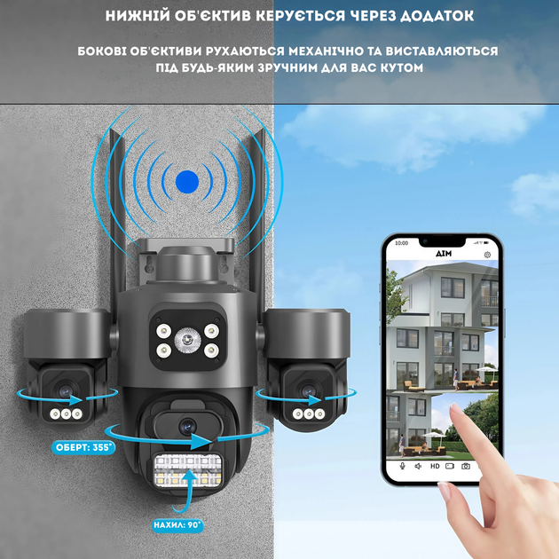 Тройная уличная IP Wifi камера видеонаблюдения с боковыми камерами, 9МП, ICsee A32 - изображение 7