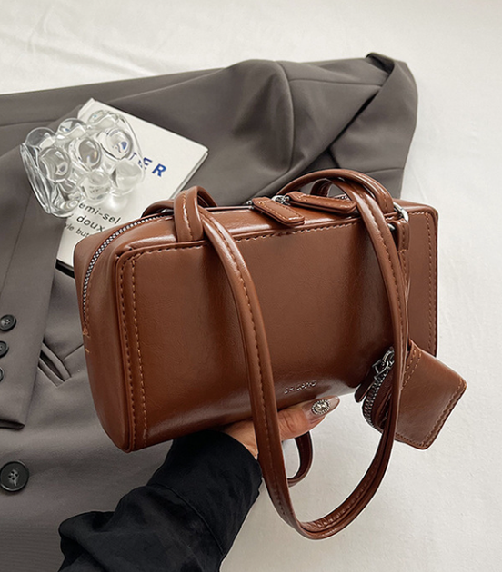 Сумка жіноча Shisano Box-Bag прямокутна з подвійними ручками та знімним гаманцем лакована коричневий (AN)34574 - зображення 2