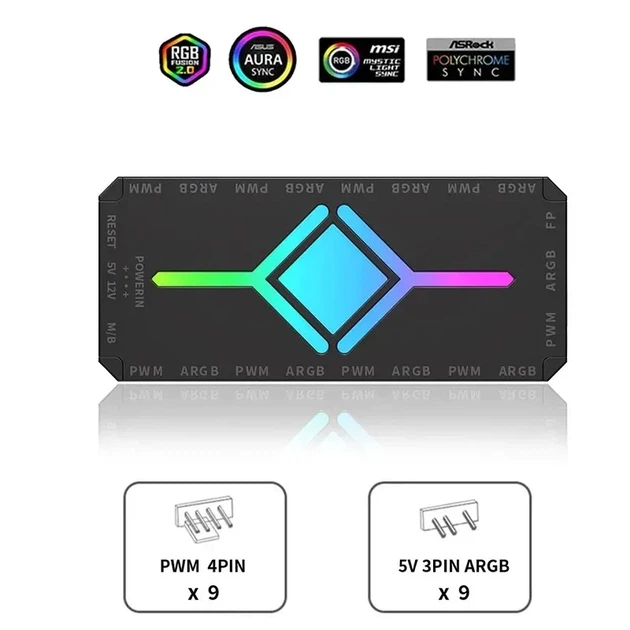 Контролер для кулерів 9×PWM і ARGB, хаб, black - розгалужувач з магнітом і пультом управління - зображення 6
