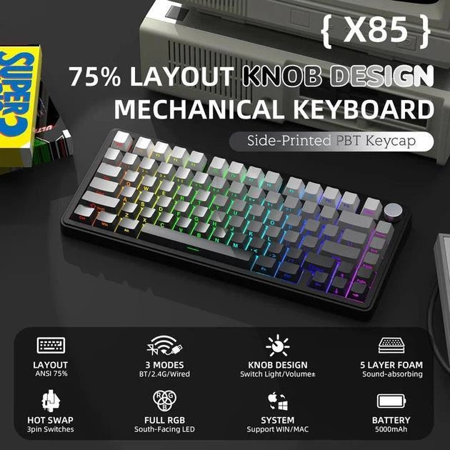 Механическая беспроводная (Bluetooth + 2,4G) клавиатура с HOT SWAP Attack SHARK X85, 82 Key, RGB, Win/Mac OS, УКР/АНГЛ, Gradient Black (X85GP) - изображение 7