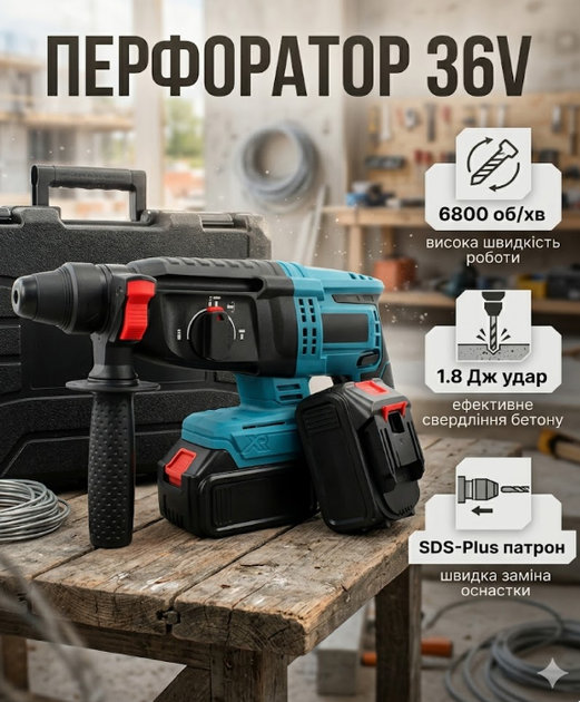 Акумуляторний перфоратор 36В 6Аг безщітковий SDS-Plus 1,8 Дж для бетону, цегли та дерева - зображення 15