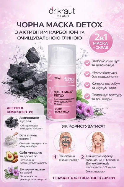 Чорна маска для обличчя Detox з активним карбоном та очищувальною глиною, скраб, зволоження, чутлива шкіра, очіщенн Dr.Kraut 50 мл - зображення 2