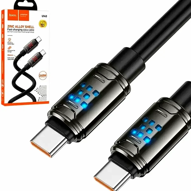 Кабель Type-C 1.2м 240Вт 5A для зарядки черный HOCO U143 - Фото 2 Кабель Type-C 1.2м 240Вт 5A для зарядки черный HOCO U143 - изображение 2