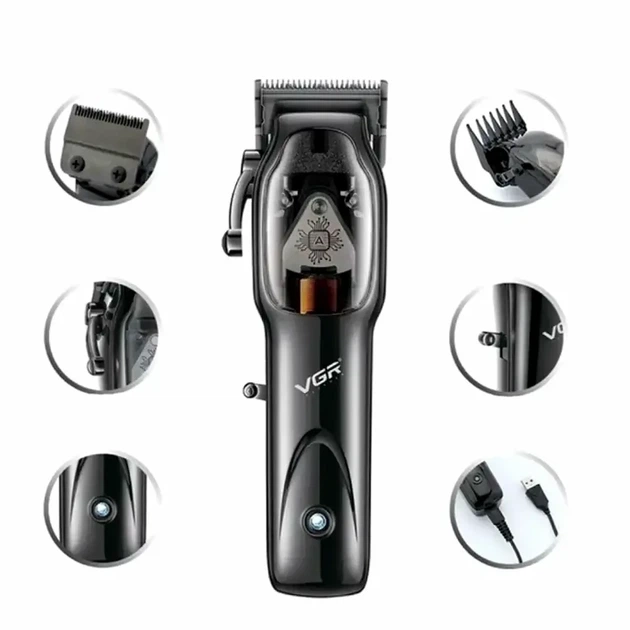 Аккумуляторная машинка для стрижки волос VGR V653 10 Вт 250 г USB керамические и титановые лезвия 4 насадки черный - изображение 4