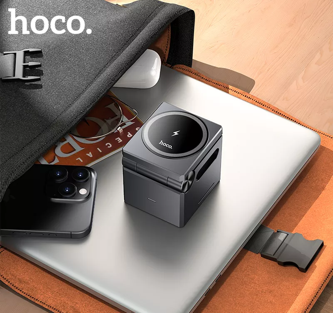 Беспроводное зарядное устройство Hoco CQ8 folding 3-in-1 magnetic wireless fast charger Gray - Фото 3 Беспроводное зарядное устройство Hoco CQ8 folding 3-in-1 magnetic wireless fast charger Gray - изображение 3