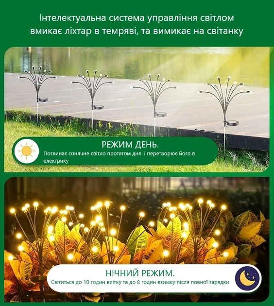 Садовый газонный светильник Светлячки 8 led на солнечной батарее с сумеречным датчиком чёрный - изображение 7