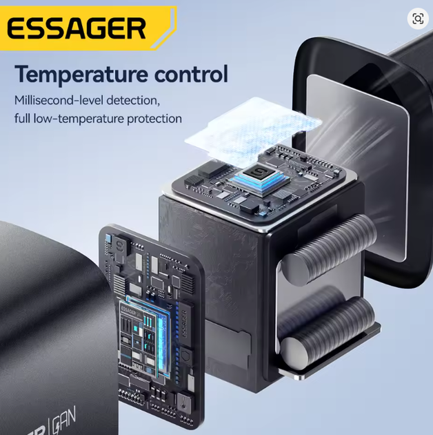Зарядний пристрій Essager 65W GaN (2xType-C + USB-A) PD3.0 швидка зарядка Black - зображення 6
