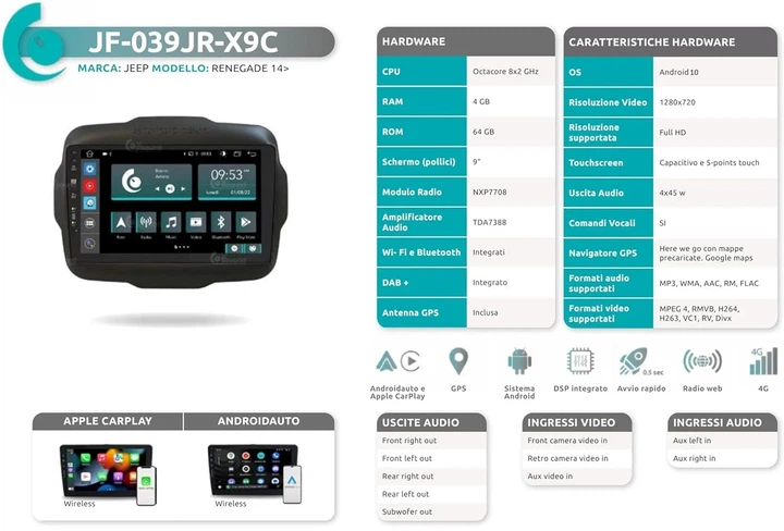 Штатна автомагнітола JFSound JF-039JR-X9C для Jeep Renegade / 9" / Сенсорна / 4/64Гб / Android 10 / Apple CarPlay / Android Auto / Bluetooth / WI-FI / GPS / USB / DAB+ b5 - Б/В - зображення 5