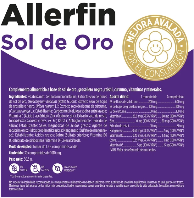 Дієтична добавка Eladiet Allerfin Sol De Oro 30 таблеток (8420101216070) - зображення 2