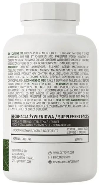 Енергетик кофеин OstroVit Caffeine 200mg 200 таблеток. - изображение 2