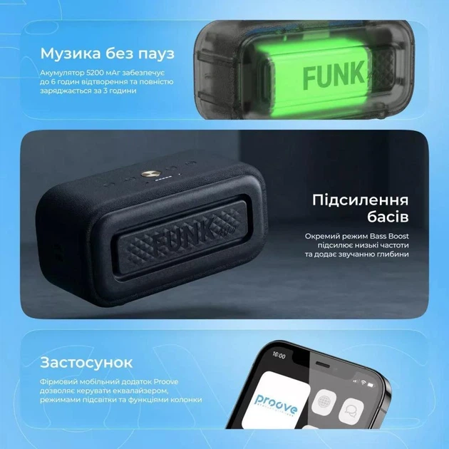 Портативна Бездротова Bluetooth Колонка Акустика Proove Funk 40W |BT5.4, TWS, AUX, 6h| black - зображення 3