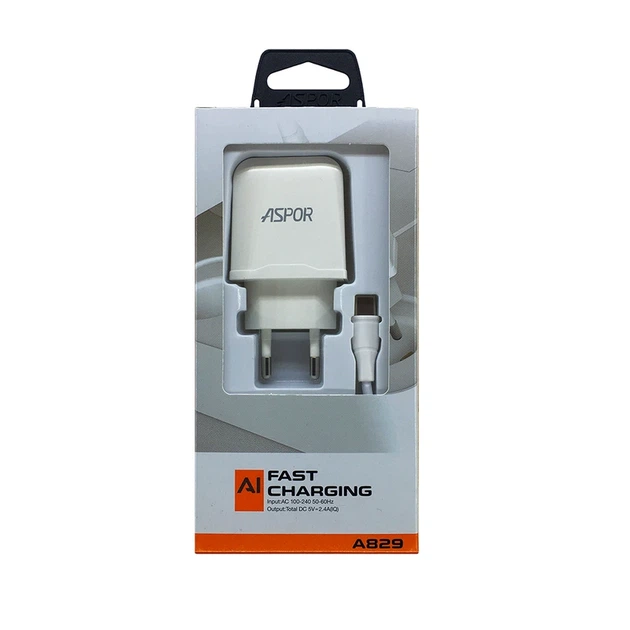 Мережевий зарядний пристрій Aspor A829 2USB/2.4A + USB кабель Type-C- білий - изображение 4