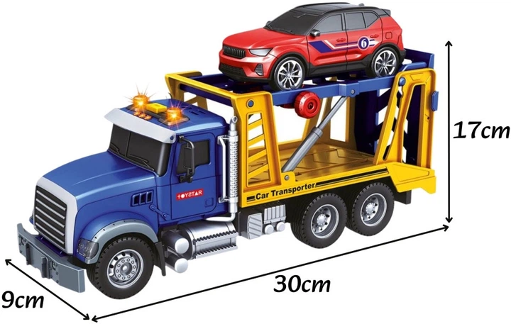 Ciężarówka transporter Woopie laweta z autkiem z efektami świetlnymi i dźwiękowymi 1:14 Niebieska 57215 (5906280657215) - obraz 4