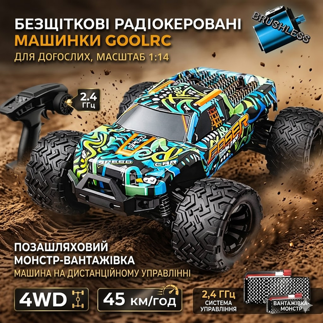 Монстр-трак RC машина GoolRC 1:14 бесщеточная 4WD, 40 км/ч, 2.4GHz, внедорожный монстр-трак на пульте - изображение 2