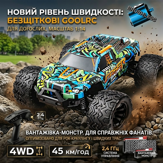Монстр-трак RC машина GoolRC 1:14 бесщеточная 4WD, 40 км/ч, 2.4GHz, внедорожный монстр-трак на пульте - изображение 3