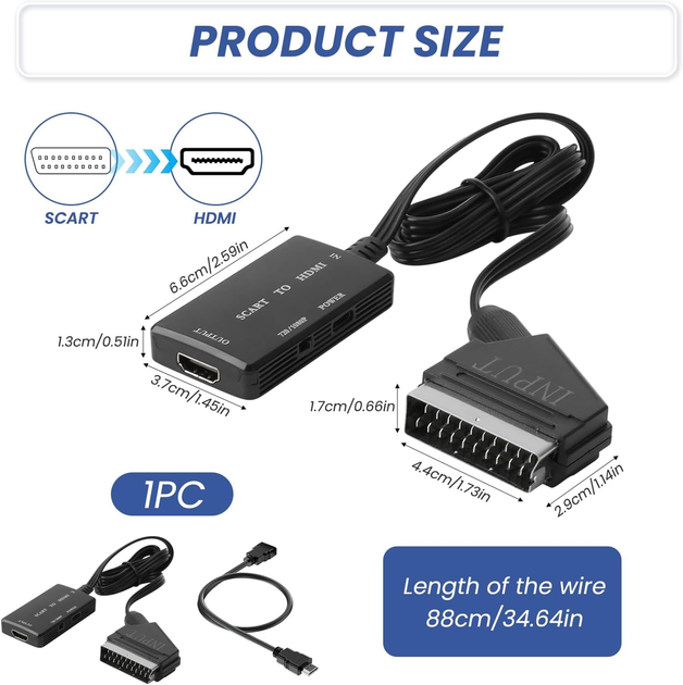 Конвертер SCART–HDMI 1080P з USB-кабелем, відео-аудіо адаптер для телевізора, проєктора, DVD, VHS і приставок - Фото 4 Конвертер SCART–HDMI 1080P з USB-кабелем, відео-аудіо адаптер для телевізора, проєктора, DVD, VHS і приставок - зображення 4