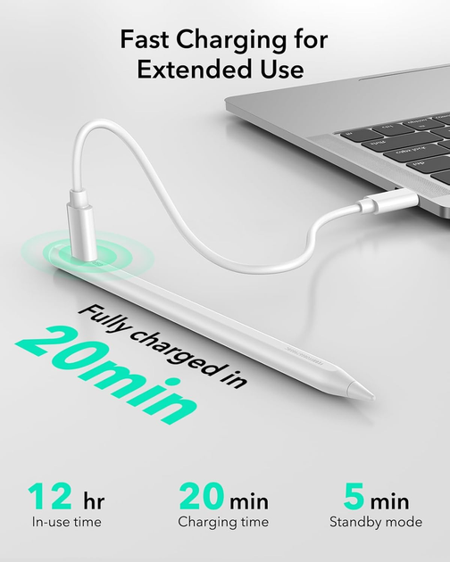 Стилус ESR Geo для iPad с поддержкой Find My: Full HD точность, наклон, быстрая зарядка USB-C, магнитное крепление, Белый - Фото 6 Стилус ESR Geo для iPad с поддержкой Find My: Full HD точность, наклон, быстрая зарядка USB-C, магнитное крепление, Белый - изображение 6
