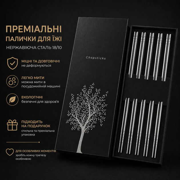 Багаторазові палички для суші та їжі, набір паличок для суші з нержавіючої сталі, 5 пар китайських паличок, металеві палички для ролів локшини, корейські палички з металу довговічні протиковзкі - зображення 3