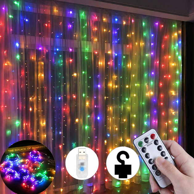 Светодиодная гирлянда-штора 3×2 м, 200 LED, с пультом, 8 режимов, USB, разноцветная - Фото 1 Светодиодная гирлянда-штора 3×2 м, 200 LED, с пультом, 8 режимов, USB, разноцветная - изображение 1