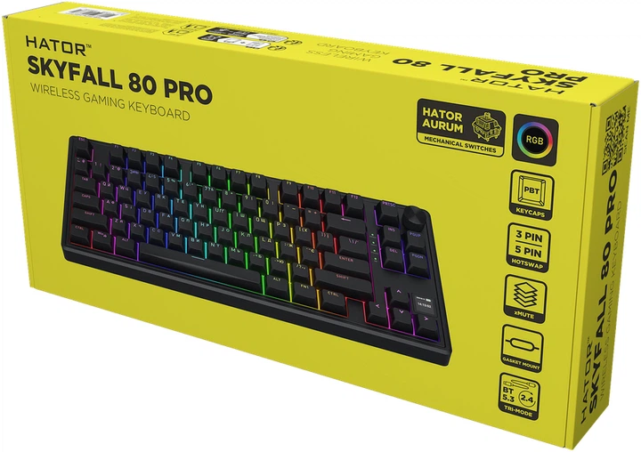 Клавиатура беспроводная Hator Skyfall 80 PRO Aurum Vanila Silent RGB Wireless/Bluetooth/USB Black (HTK4181UA) - Фото 7 Клавиатура беспроводная Hator Skyfall 80 PRO Aurum Vanila Silent RGB Wireless/Bluetooth/USB Black (HTK4181UA) - изображение 7