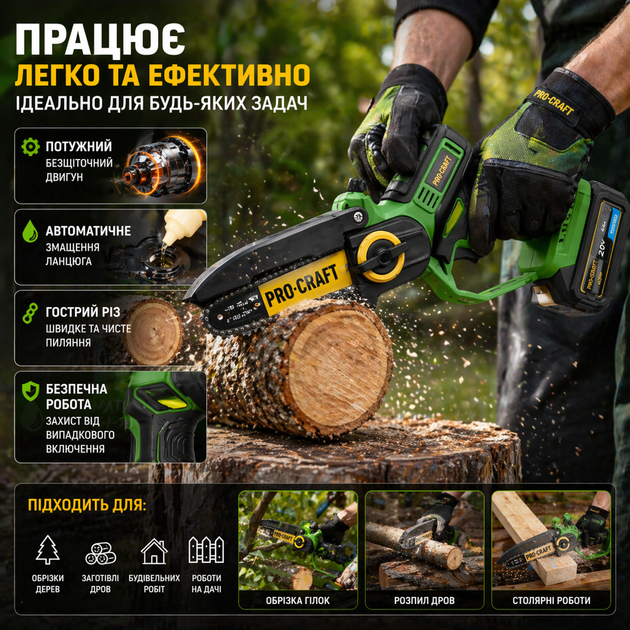 Аккумуляторная цепная пила Procraft PKA32Li, мини бензопила 20V, 2 АКБ, 2 шины 15/20 см, автосмазка цепи - Фото 3 Аккумуляторная цепная пила Procraft PKA32Li, мини бензопила 20V, 2 АКБ, 2 шины 15/20 см, автосмазка цепи - изображение 3