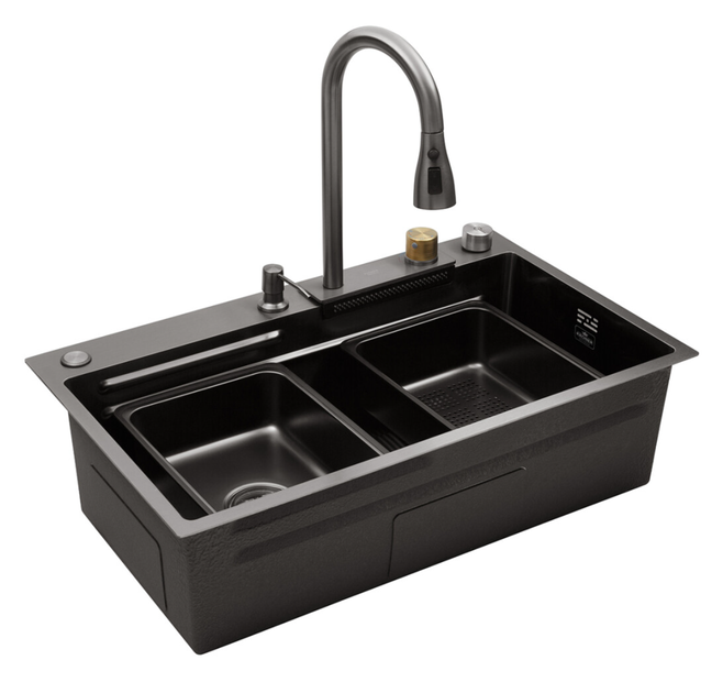 Кухонна мийка Kroner Schwarze SET7545HM 750x450 мм, PVD графіт, 3.0/0.8 мм, комплект зі змішувачем та аксесуарами - изображение 4