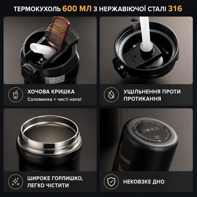 Термокружка 600 мл из нержавеющей стали 316 черная – вакуумный термос с кнопкой, герметичный, для кофе и чая - Фото 5 Термокружка 600 мл из нержавеющей стали 316 черная – вакуумный термос с кнопкой, герметичный, для кофе и чая - изображение 5