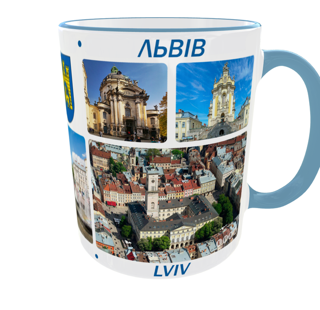 Сувенірна керамічна чашка з гербом та видами міста Львів 330 мл | Серія «Міста України» (блакитна ручка) - Фото 1 Сувенірна керамічна чашка з гербом та видами міста Львів 330 мл | Серія «Міста України» (блакитна ручка) - зображення 1