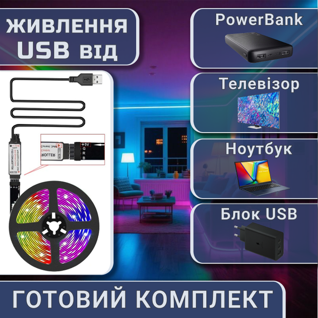 Светодиодная RGB лента IP65 комплект 1м с пультом на 44 кнопки, 60 светодиодов на метр, USB 5V - изображение 10