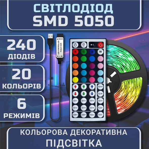 Світлодіодна біла RGB SMD5050 стрічка комплект 4м з пультом на 44 кнопки, 60 світлодіодів на метр, USB 5V - Фото 2 Світлодіодна біла RGB SMD5050 стрічка комплект 4м з пультом на 44 кнопки, 60 світлодіодів на метр, USB 5V - зображення 2
