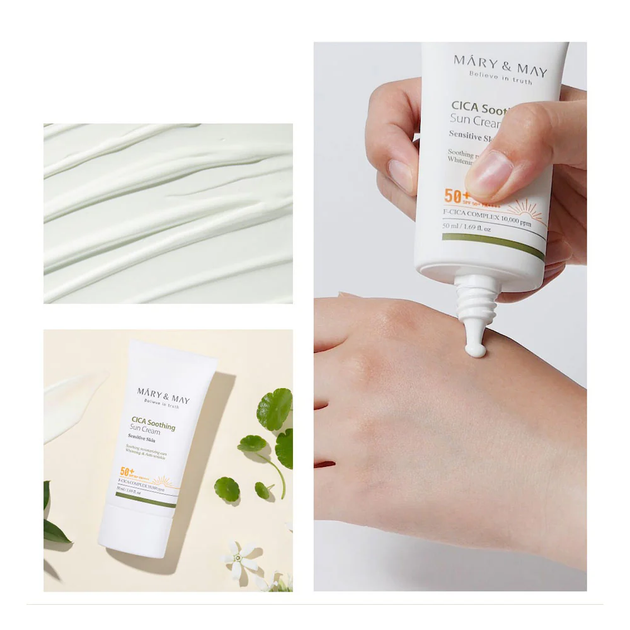 Успокаивающий солнцезащитный крем с центеллой Mary&May CICA Soothing Sun Cream SPF50+ PA++++ 12 мл - изображение 2