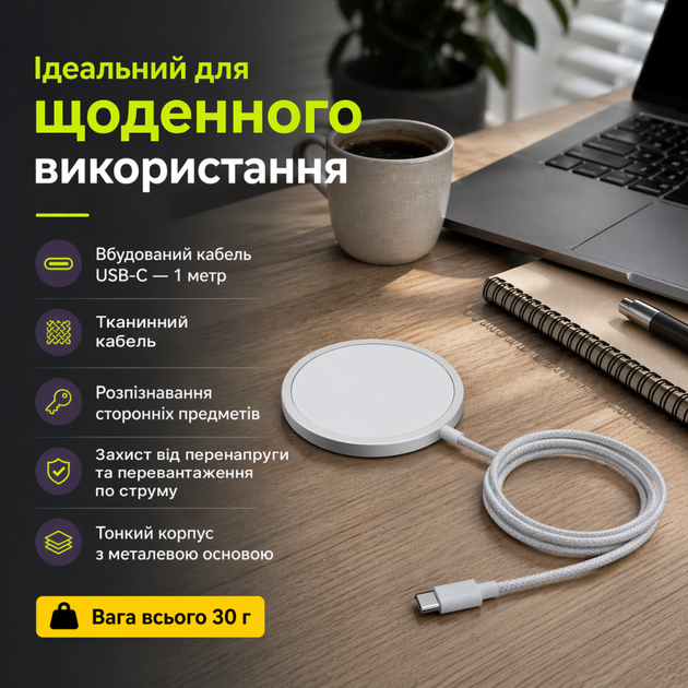 Бездротовий зарядний пристрій магнітна зарядка для iPhone, Android, Airpods WALKER WH-55 15W MagSafe white - зображення 4