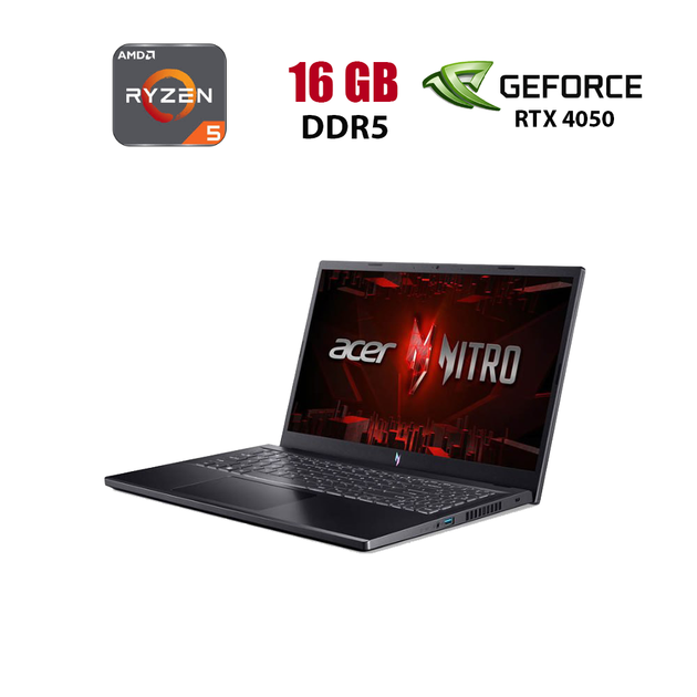 Игровой ноутбук Acer Nitro V15 ANV15-41-R927 / 15.6" (1920x1080) IPS / AMD Ryzen 5 7535HS (6 (12) ядер по 3.3 - 4.55 GHz) / 16 GB DDR5 / 512 GB SSD M.2 / nVidia GeForce RTX 4050, 6 GB GDDR6, 96-bit / WebCam б/у - Фото 1 Игровой ноутбук Acer Nitro V15 ANV15-41-R927 / 15.6" (1920x1080) IPS / AMD Ryzen 5 7535HS (6 (12) ядер по 3.3 - 4.55 GHz) / 16 GB DDR5 / 512 GB SSD M.2 / nVidia GeForce RTX 4050, 6 GB GDDR6, 96-bit / WebCam б/у - изображение 1