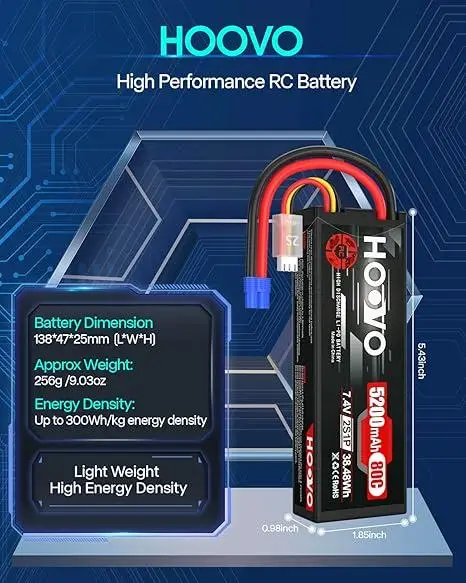 Комплект акумуляторів Hoovo 2S 7.4V 5200mAh 80C LiPo EC3: Батареї для RC-моделей, машин, дронів та катерів — 2 шт - зображення 8