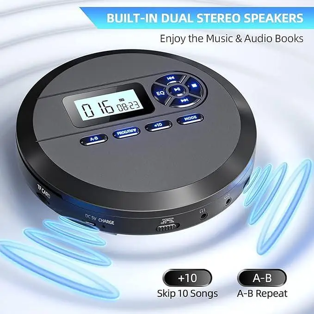 Портативний CD-плеєр MP111B Black: Програвач із динаміками, FM-передавачем, акумулятором 2000 mAh та функцією Anti-Shock - зображення 7