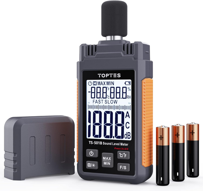 Профессиональный шумомер TopTes TS-501B: Децибелометр 30-130 дБ, взвешивание A/C, термометр, LCD экран + Кейс и батарейки - изображение 2