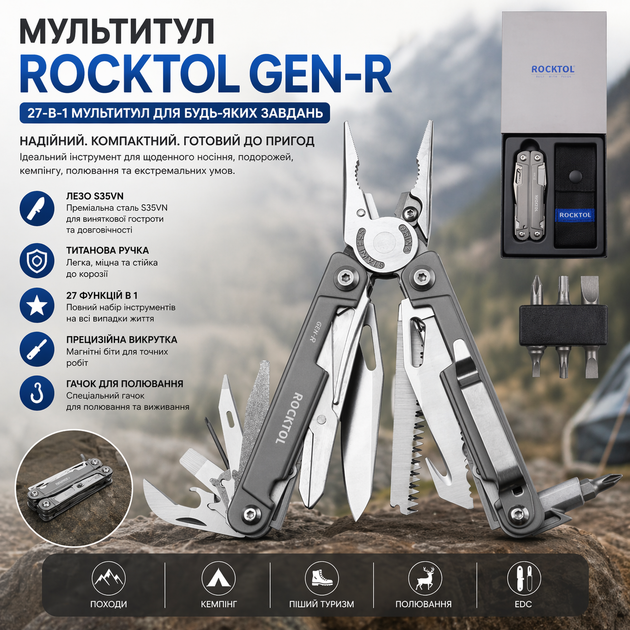 Мультитул 27-в-1 ROCKTOL Gen-R: лезвие сталь S35VN, титановая ручка, сменные кусачки, карманный нож EDC и чехол - изображение 2