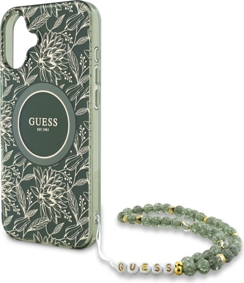 Панель Guess IML Flowers Allover Electro With Pearl Strap MagSafe для Apple iPhone 16 Plus Green (GUHMP16MHCPOFPA) - зображення 5