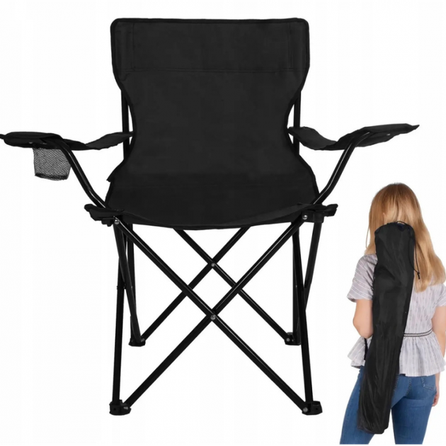 Розкладний туристичний стілець зі спинкою та підстаканником Camping Quad Chair HX 001 навантаження до 120 кг, 80×50×50 см, тканина Оксфорд 600D + ПВХ покриття, Чорний - зображення 2