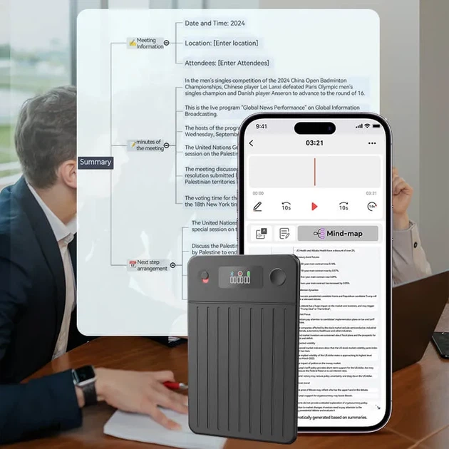Міні диктофон з AI транскрибацією запису картою пам’яті 64 ГБ та Bluetooth через додаток з кейсом для зберігання портативний цифровий аудіорекордер для лекцій зустрічей інтерв’ю навчання та роботи чорний - зображення 5