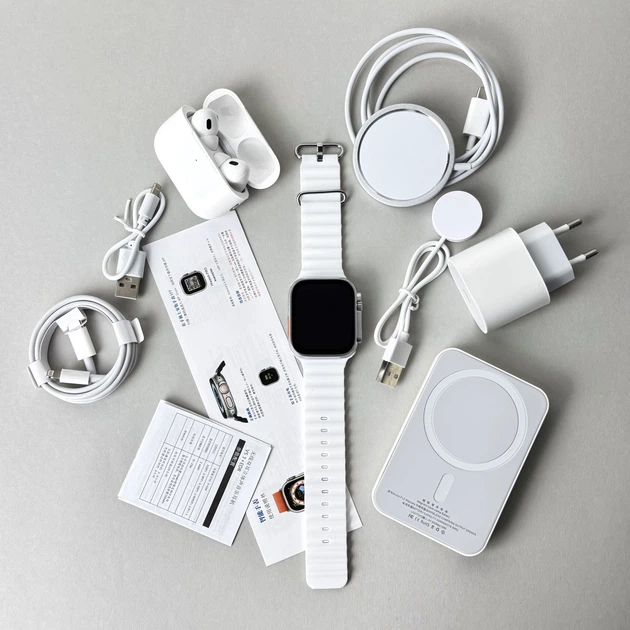 Комплект Ultrа Pro 6в1 - Watch Ultra 8 / Air Pro 2 / Battary Pack / MagSafe / 20W Type-С / Кабель 3х / Ремешок (Белый) - Фото 3 Комплект Ultrа Pro 6в1 - Watch Ultra 8 / Air Pro 2 / Battary Pack / MagSafe / 20W Type-С / Кабель 3х / Ремешок (Белый) - изображение 3