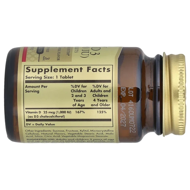 Вітамін D3 Solgar (Vitamin D3) 1000 МО 100 жувальних таблеток (SOL-54956) - изображение 2