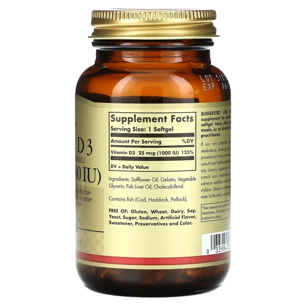 Натуральний вітамін D3 Solgar (Vitamin D3) 1000 МО 100 капсул (SOL-03340) - зображення 2