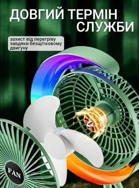 Настільний вентилятор акумуляторний з RGB підсвічуванням: портативний USB вентилятор 1800 мАг, Зелений - изображение 6