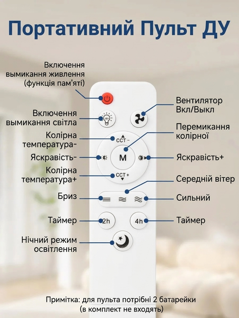 Лампа-вентилятор четверний зі стельовим підсвічуванням з пультом Білий - изображение 7
