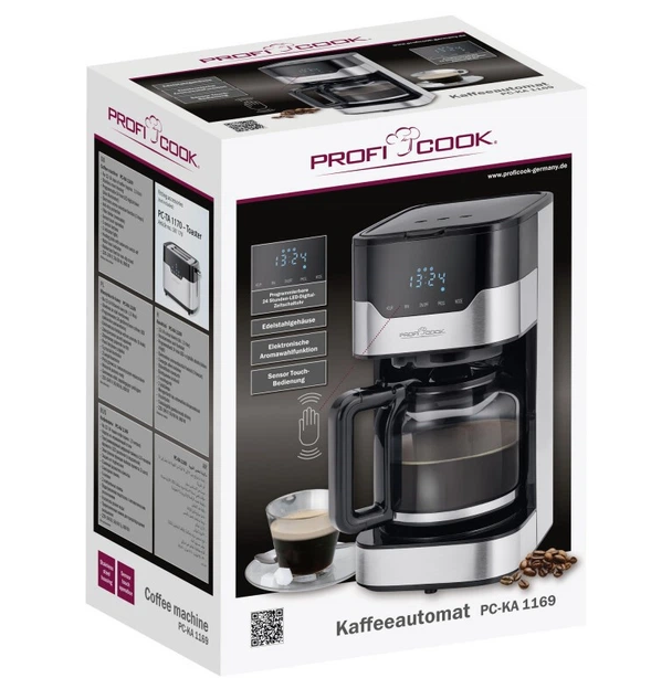 Крапельна кавоварка ProfiCook 1,5 л сенсорне керування таймер 24 години 900 Вт нержавіюча сталь антикрапельна система чорна/сталь - зображення 5