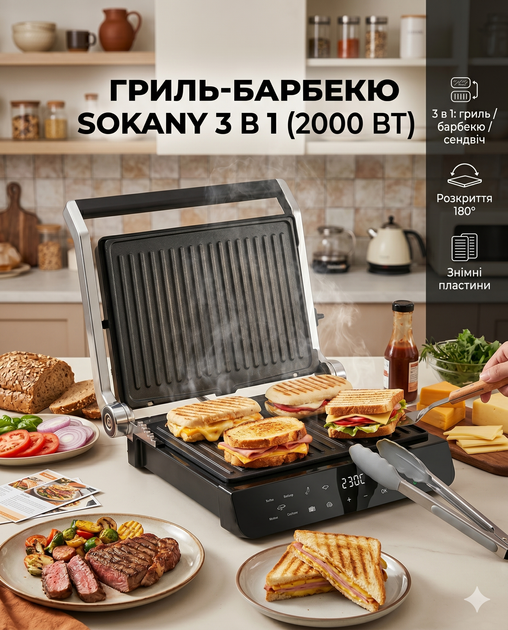 Электрический гриль-барбекю Sokany 2000 Вт, настольный, 3 в 1, раскрытие 180°, съемные пластины - Фото 1 Электрический гриль-барбекю Sokany 2000 Вт, настольный, 3 в 1, раскрытие 180°, съемные пластины - изображение 1