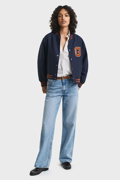 Жіночий темно-синій вовняний бомбер у смужку PINSTRIPE VARSITY Gant M 4700378 - Фото 2 Жіночий темно-синій вовняний бомбер у смужку PINSTRIPE VARSITY Gant M 4700378 - изображение 2