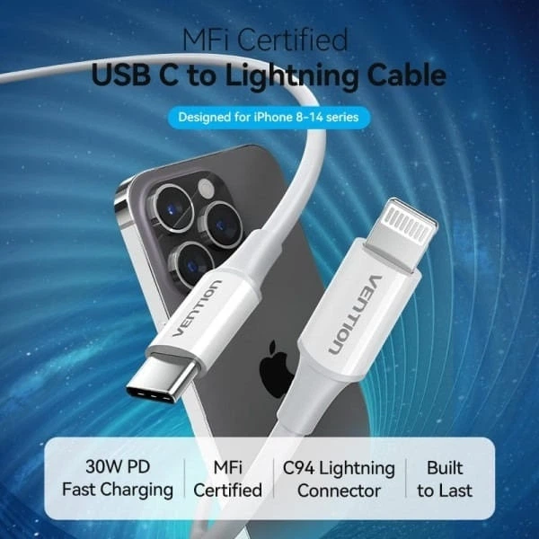 Кабель USB 2.0 Type-C M-Lightning M, 1.0 м, PD 27W, PVC, білий Vention - зображення 3