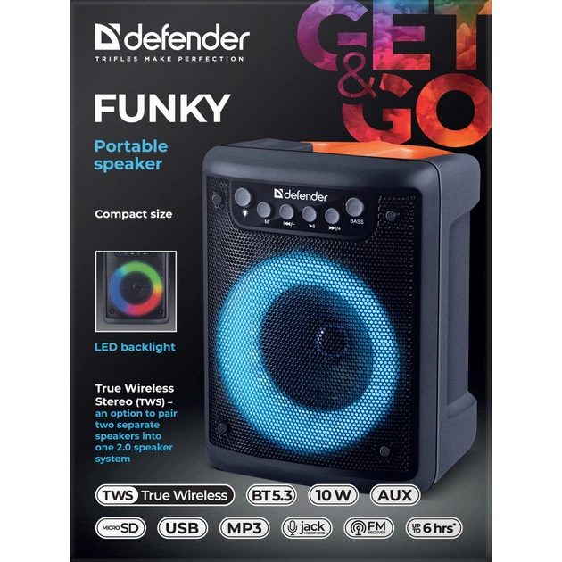Акустична система 1.0 Defender Funky 10Вт, Light/BT/FM/USB/MIC/AUX - Фото 6 Акустична система 1.0 Defender Funky 10Вт, Light/BT/FM/USB/MIC/AUX - изображение 6